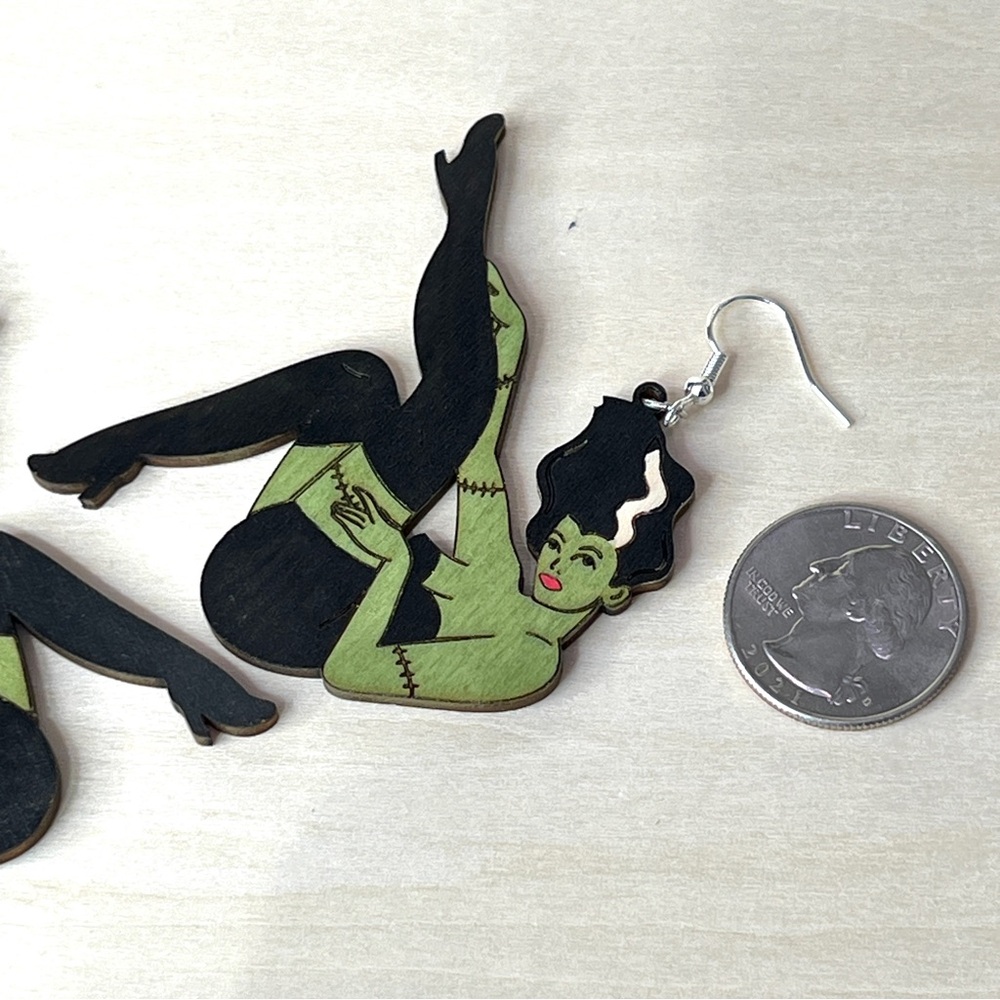 Bride Of Frankenstein Earrings - Halloween Pinup Lady In Monster Costume - Picture 3 of 6